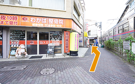 線路の間を道なりに