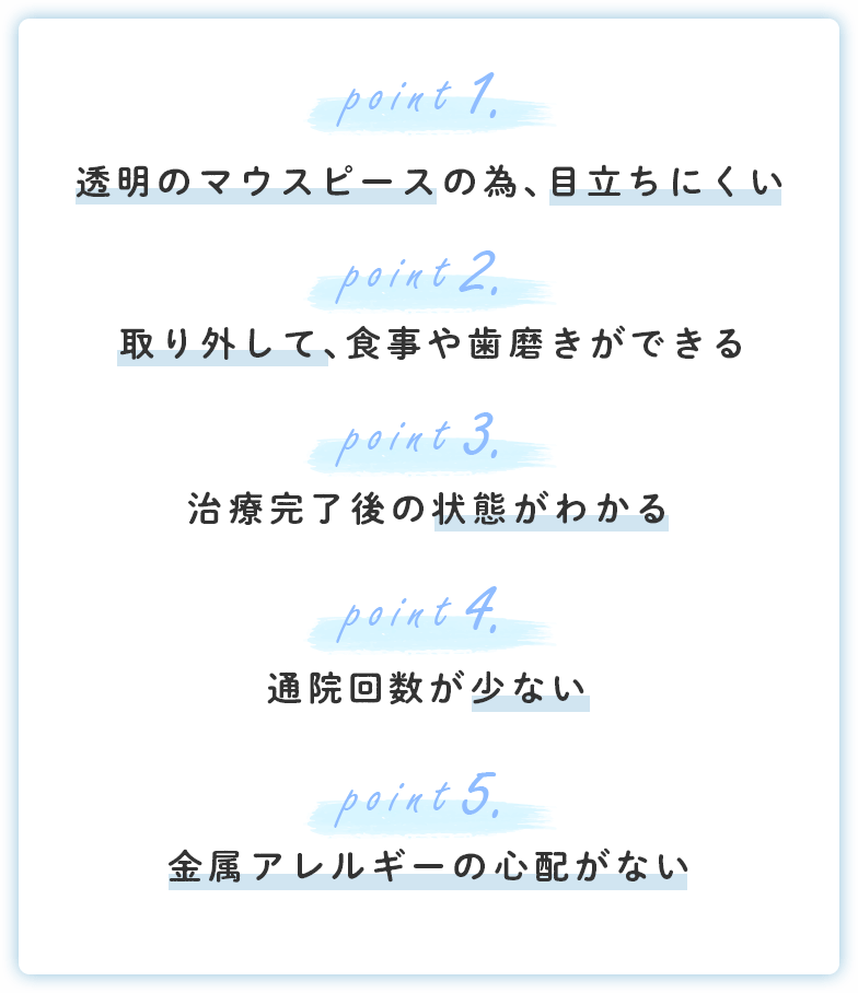透明のマウスピースの為、目立ちにくい 取り外して、食事や歯磨きができる 治療完了後の状態がわかる
通院回数が少ない 金属アレルギーの心配がない